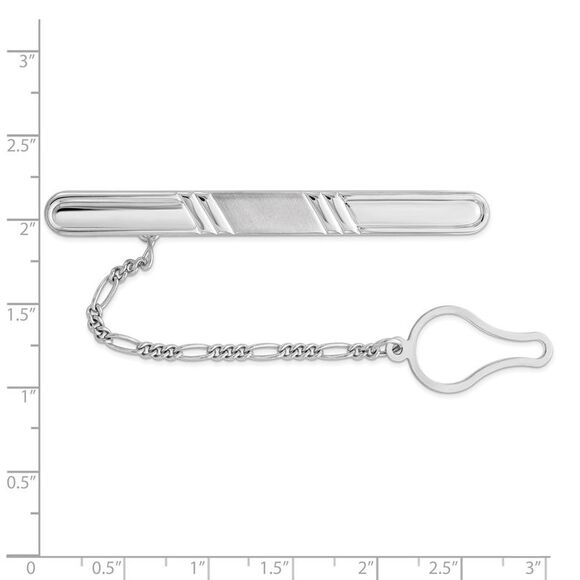 Rhodium Plated Sterling Silver Grooved with Button Chain Long Tie Bar - Picture 2 of 3